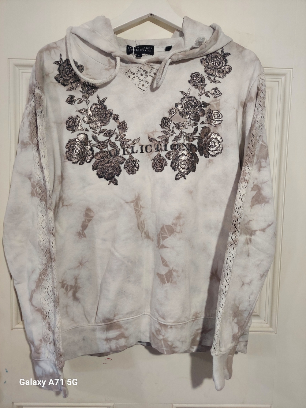 Vintage Affliction Black Label Tie-Dye Hoodie Crochet Lace Metallic Puff Roses L